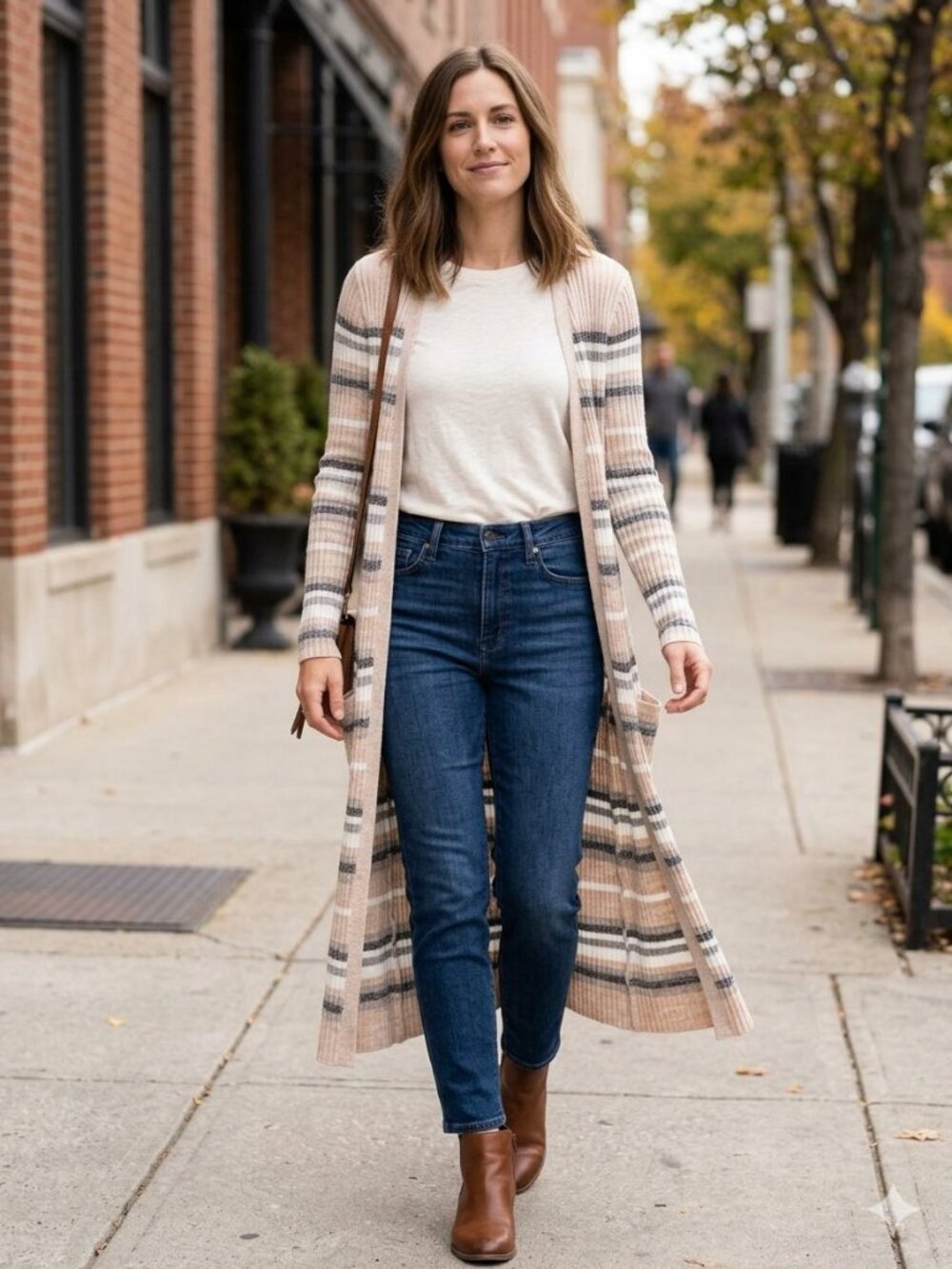 SO Long Ribbed Striped Open Cardigan Duster Beige Gray S